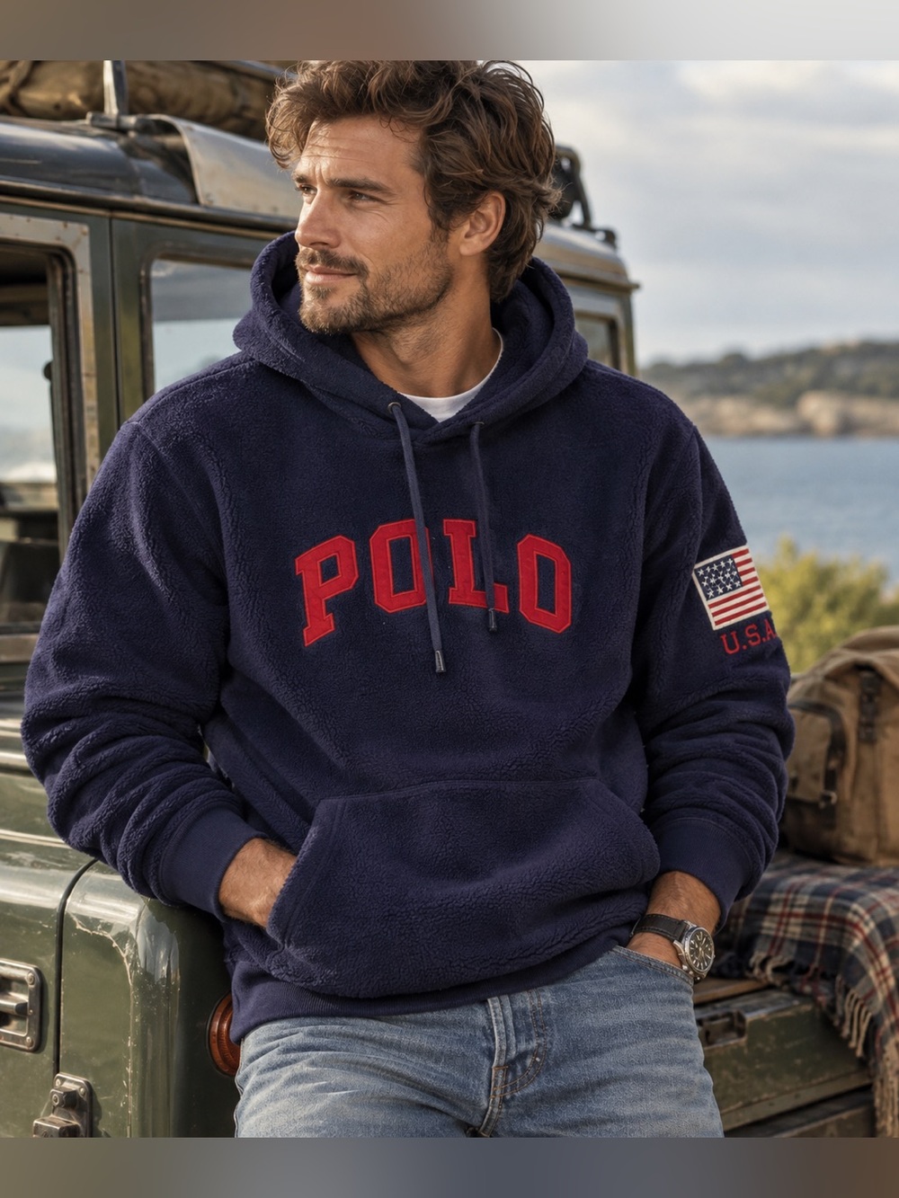 Polo by Ralph Lauren Navy Fleece Hoodie Red spell out and Flag Patch XL sherpa